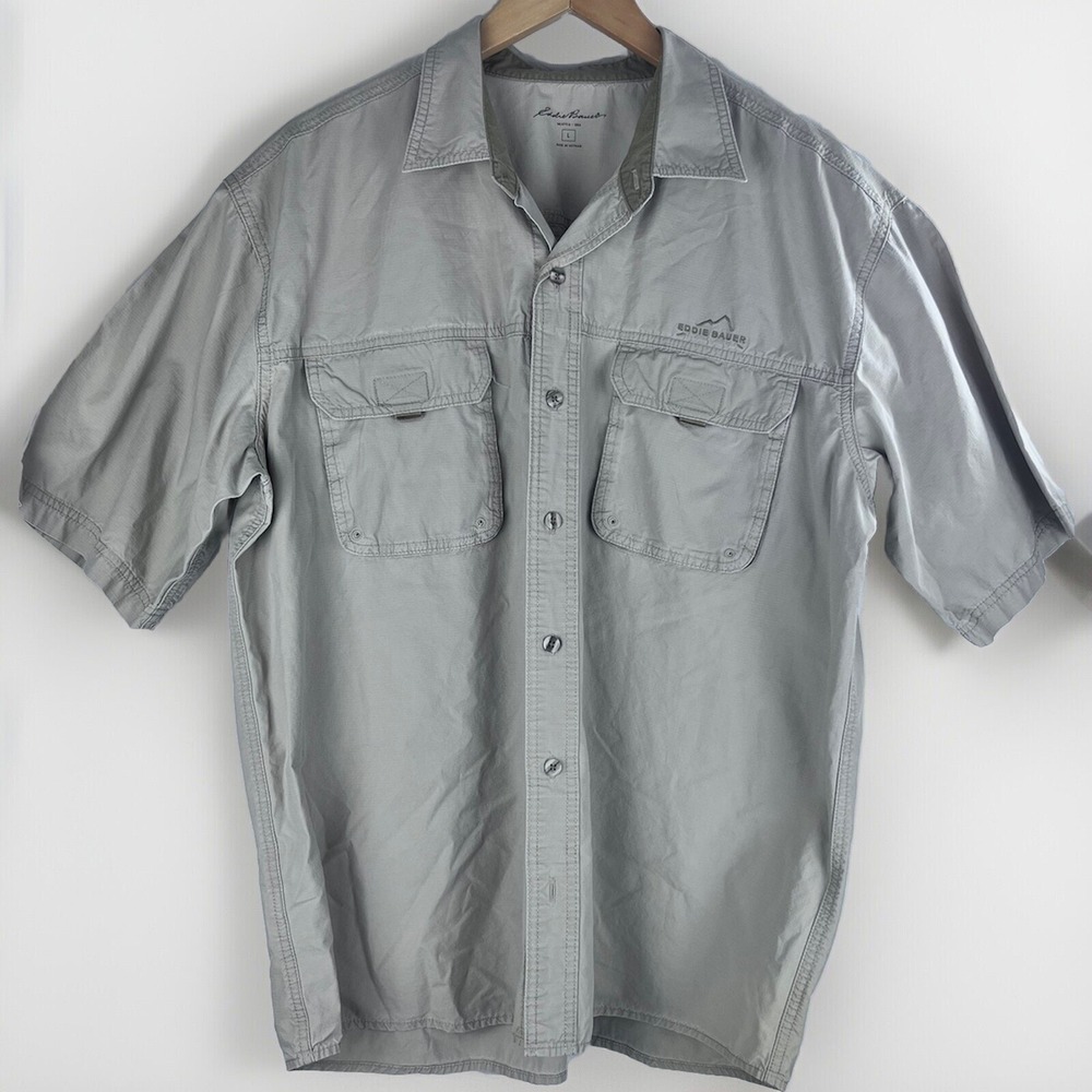 Eddie Bauer Mens Size Large Shirt Button Up Short Sleeve Casual Grey